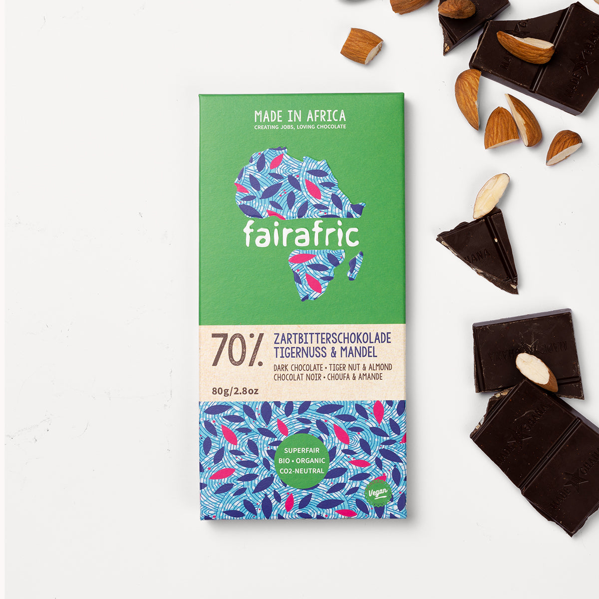 70% organic dark chocolate with tigernut and almond